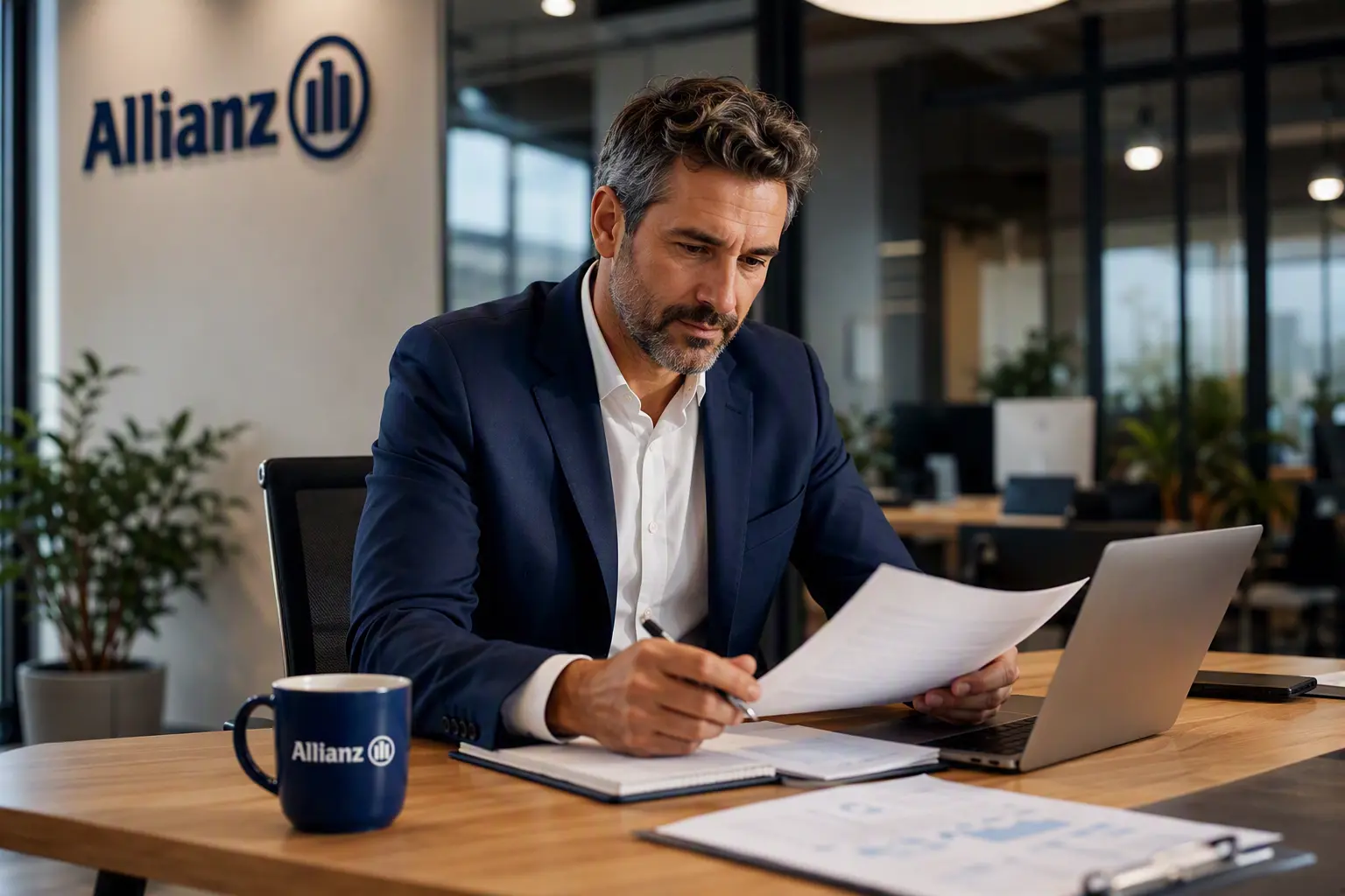 Hombre en oficina leyendo su Seguro de responsabilidad civil para autónomos y empresas